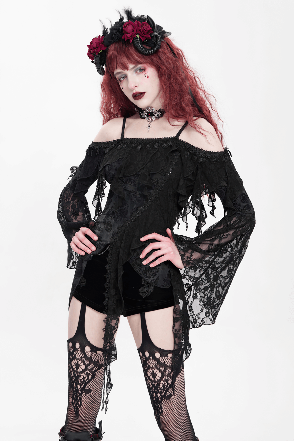 Gothic Black Lace Off Shoulder Top with Flared Sleeves