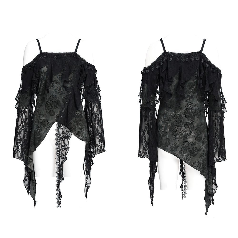 Gothic Black Lace Off Shoulder Top with Flared Sleeves