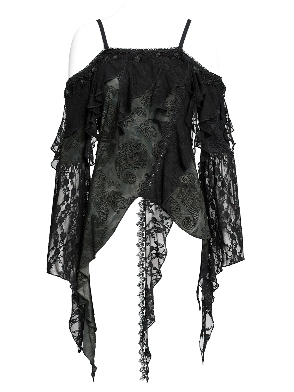 Gothic Black Lace Off Shoulder Top with Flared Sleeves