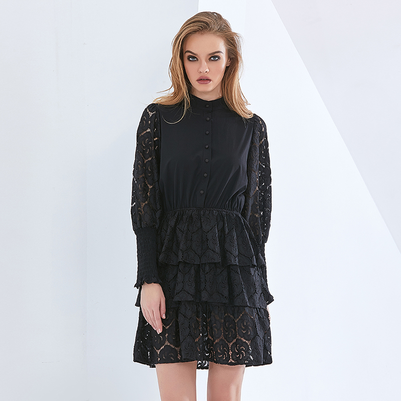 Gothic Black Lace Party Dress For Women / Elegant Lantern Sleeve High Waist Dress