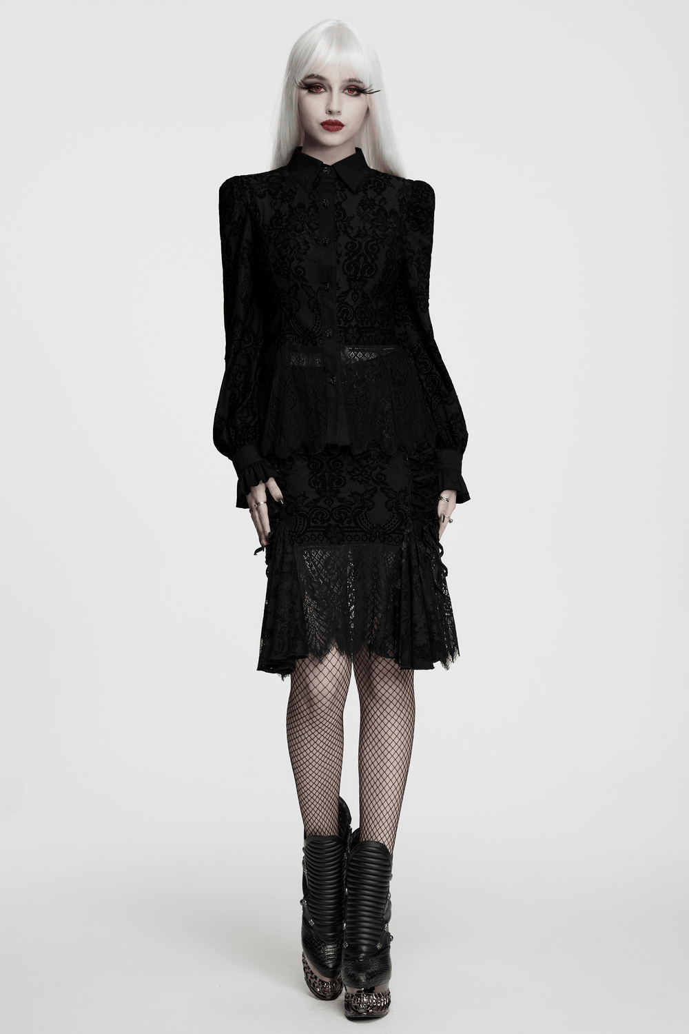 Gothic Black Lace Skirt with Sheer Panels and Straps