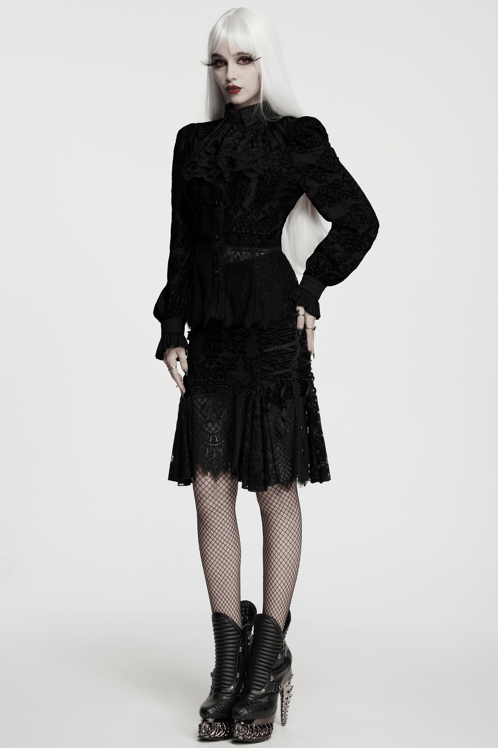 Gothic Black Lace Skirt with Sheer Panels and Straps