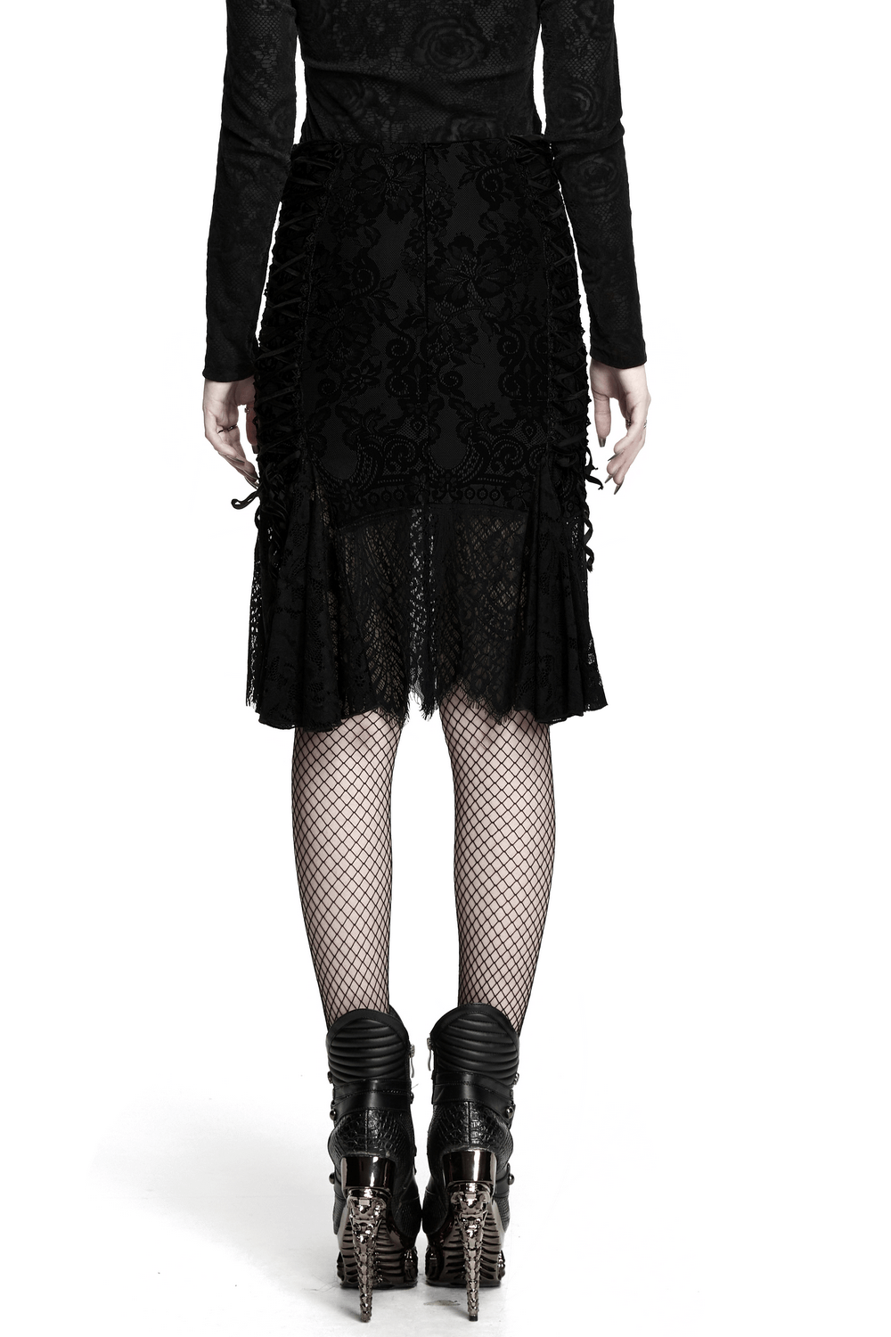 Gothic Black Lace Skirt with Sheer Panels and Straps