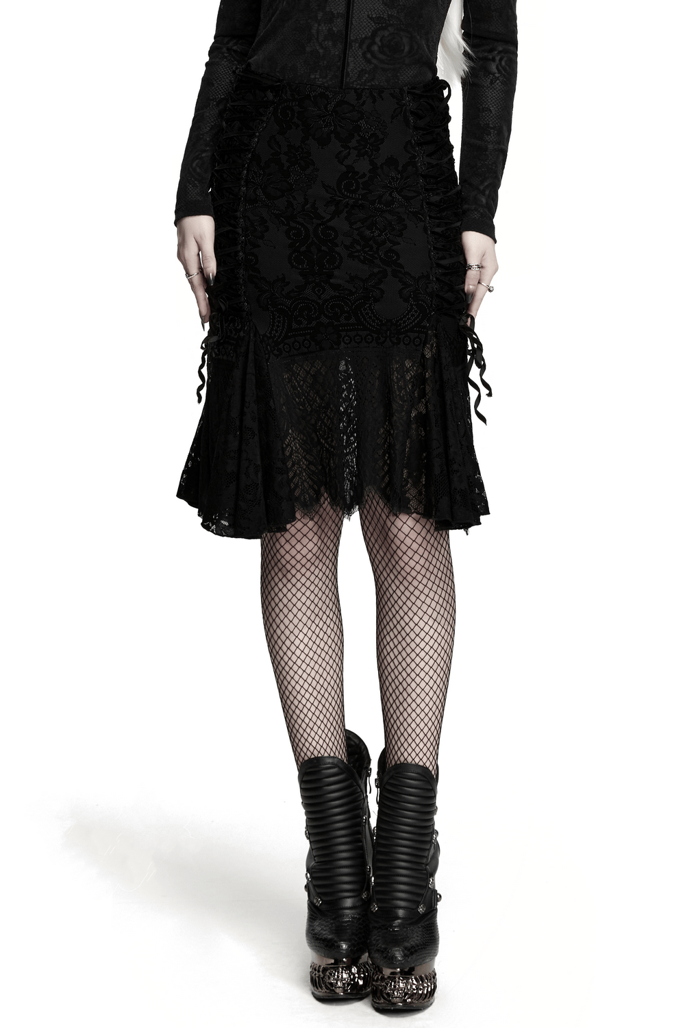 Gothic Black Lace Skirt with Sheer Panels and Straps