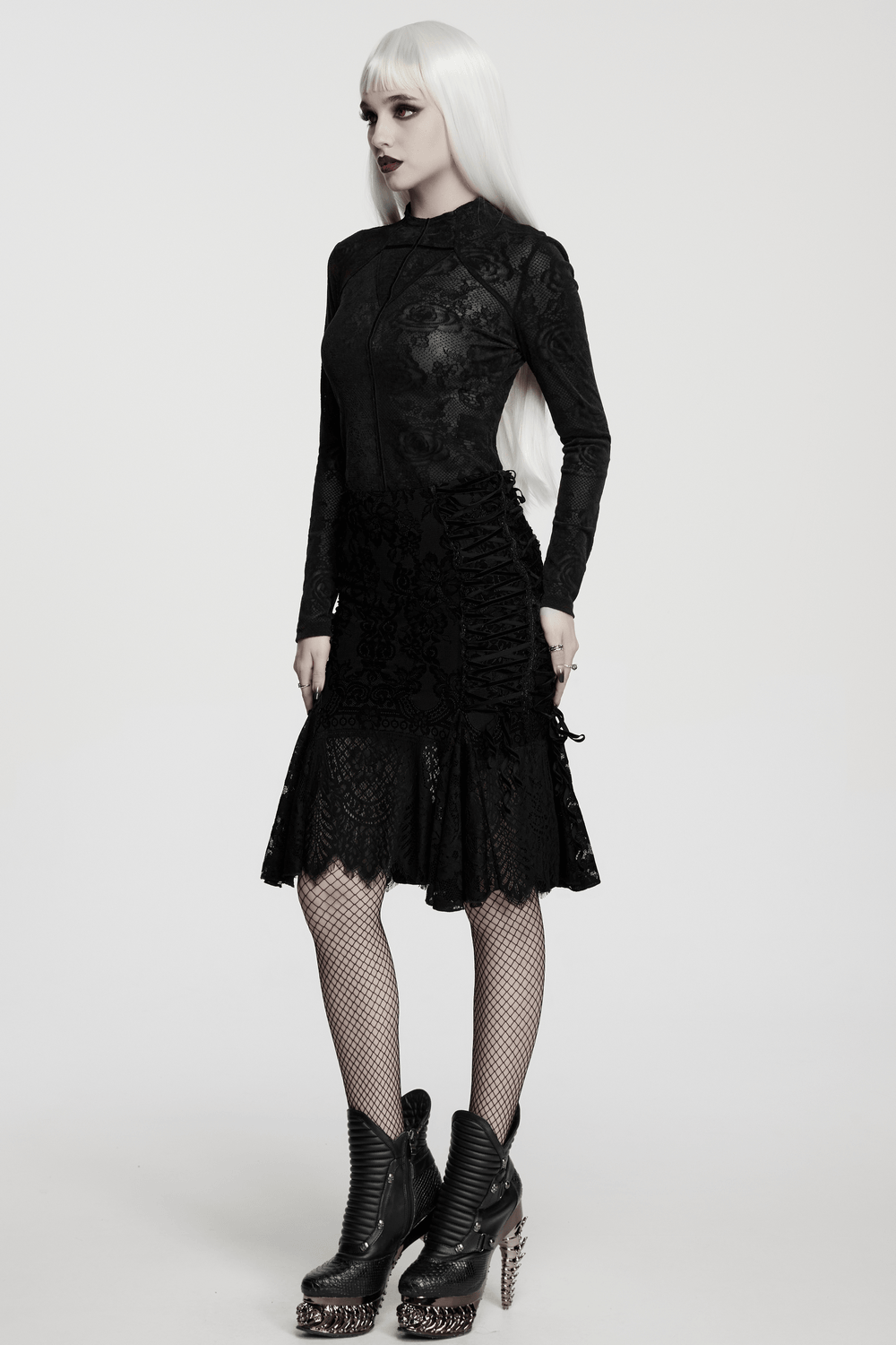 Gothic Black Lace Skirt with Sheer Panels and Straps