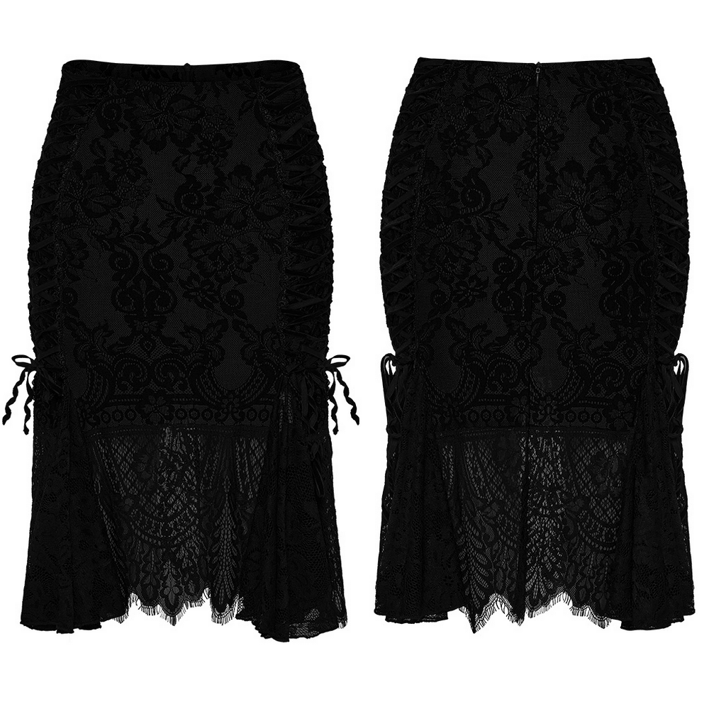 Gothic Black Lace Skirt with Sheer Panels and Straps