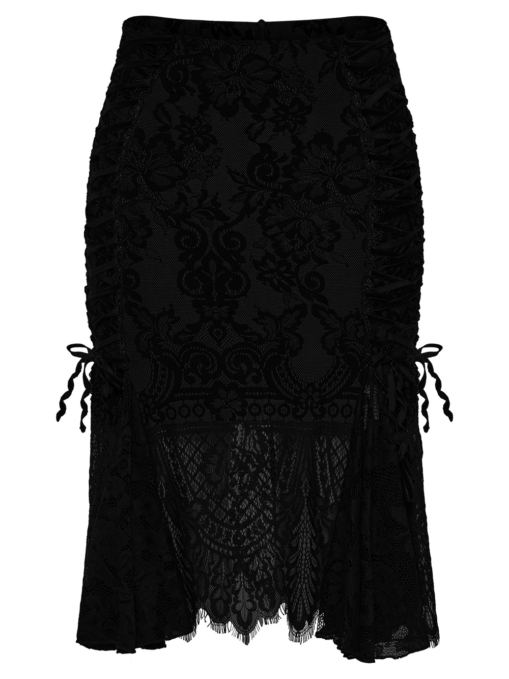 Gothic Black Lace Skirt with Sheer Panels and Straps