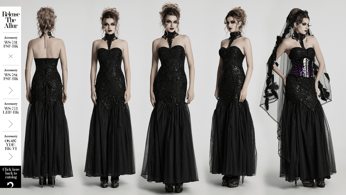 Gothic Black Lace Strapless Maxi Dress with Sequins