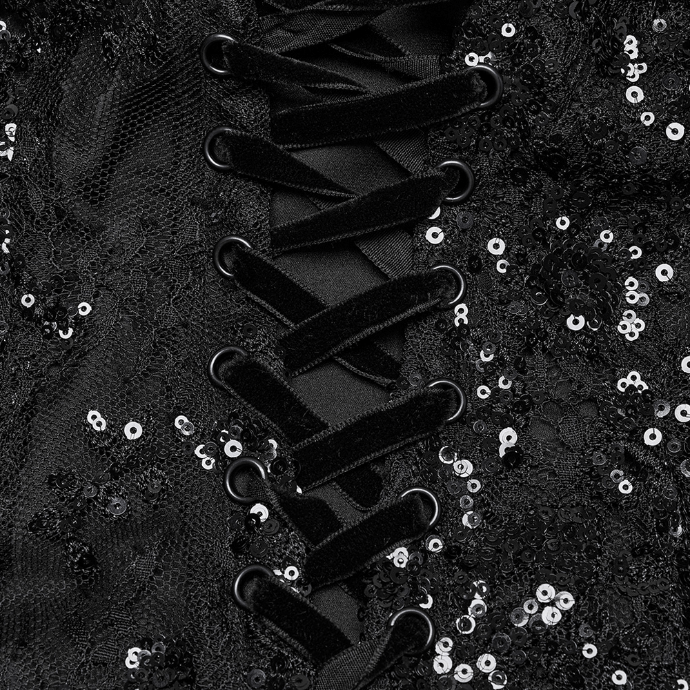 Gothic Black Lace Strapless Maxi Dress with Sequins
