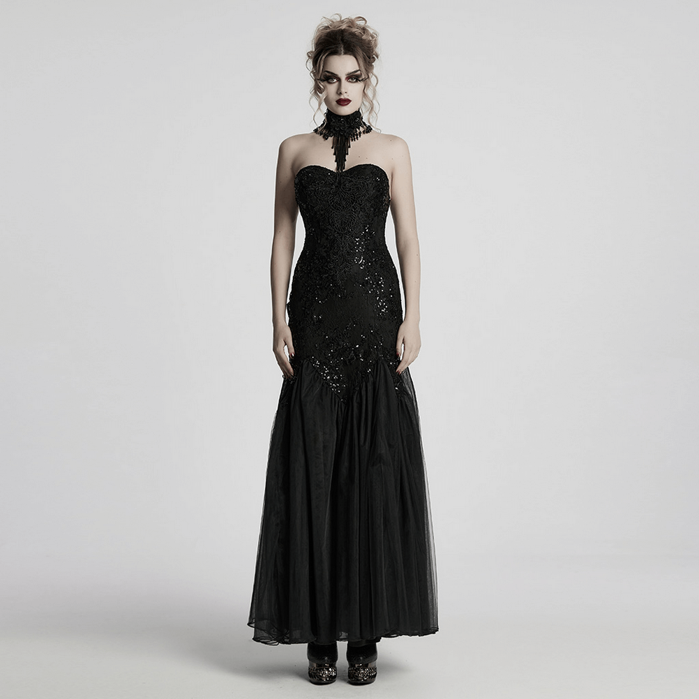Gothic Black Lace Strapless Maxi Dress with Sequins