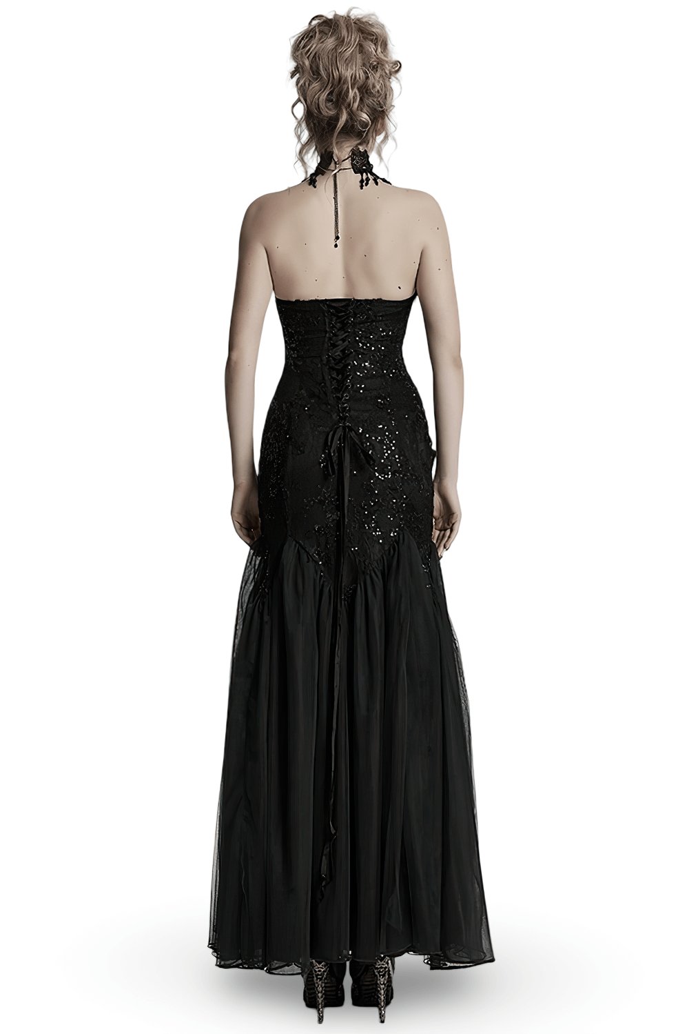 Gothic Black Lace Strapless Maxi Dress with Sequins