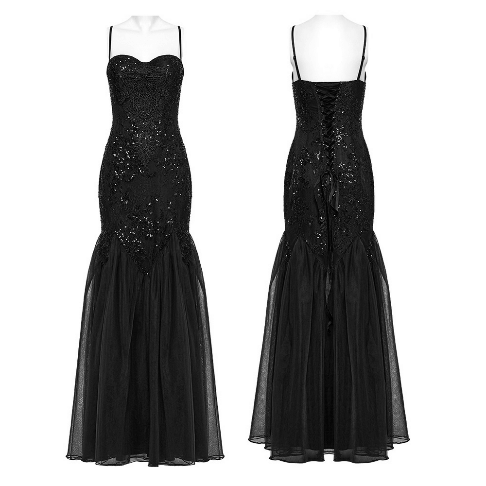 Gothic Black Lace Strapless Maxi Dress with Sequins