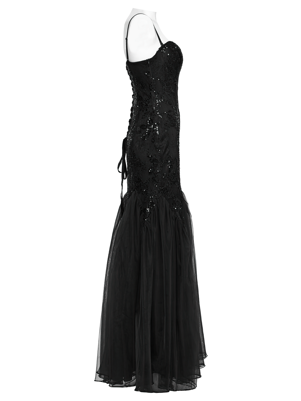 Gothic Black Lace Strapless Maxi Dress with Sequins