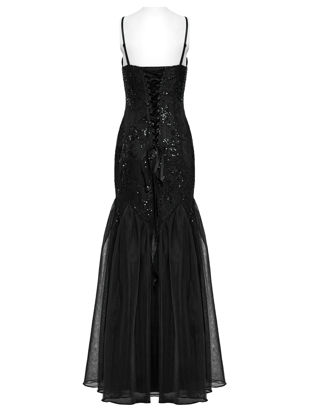 Gothic Black Lace Strapless Maxi Dress with Sequins
