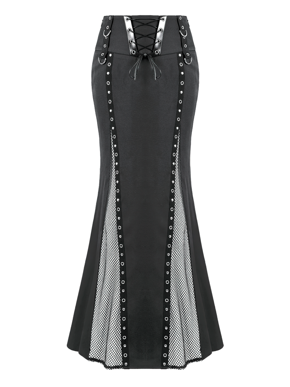 Gothic Black Lace Up Mermaid Maxi Skirt with Mesh