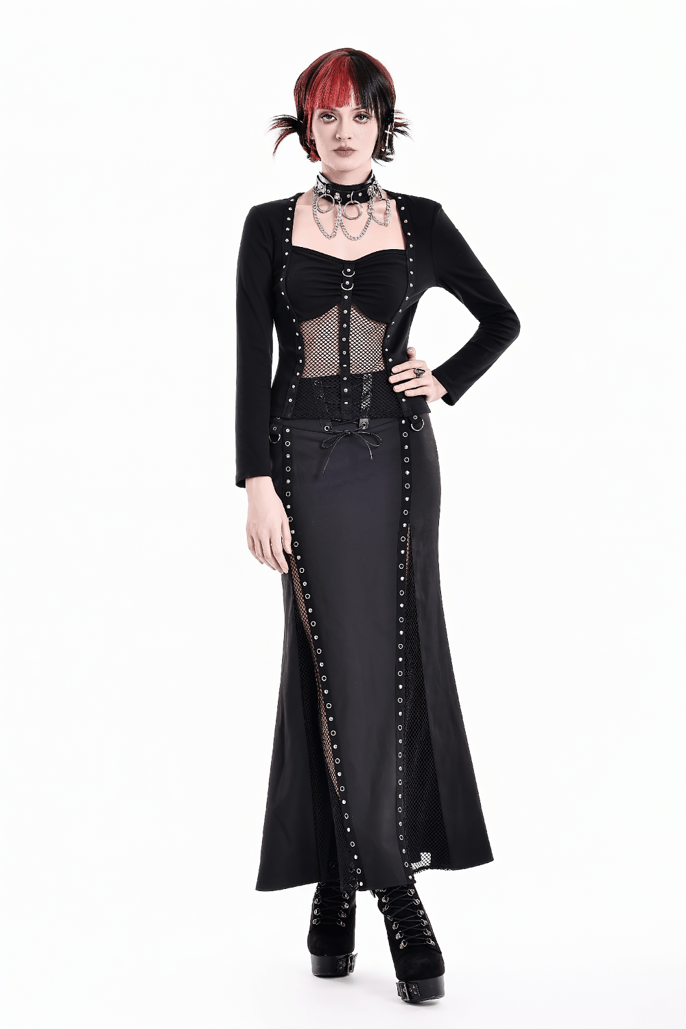 Gothic Black Lace Up Mermaid Maxi Skirt with Mesh