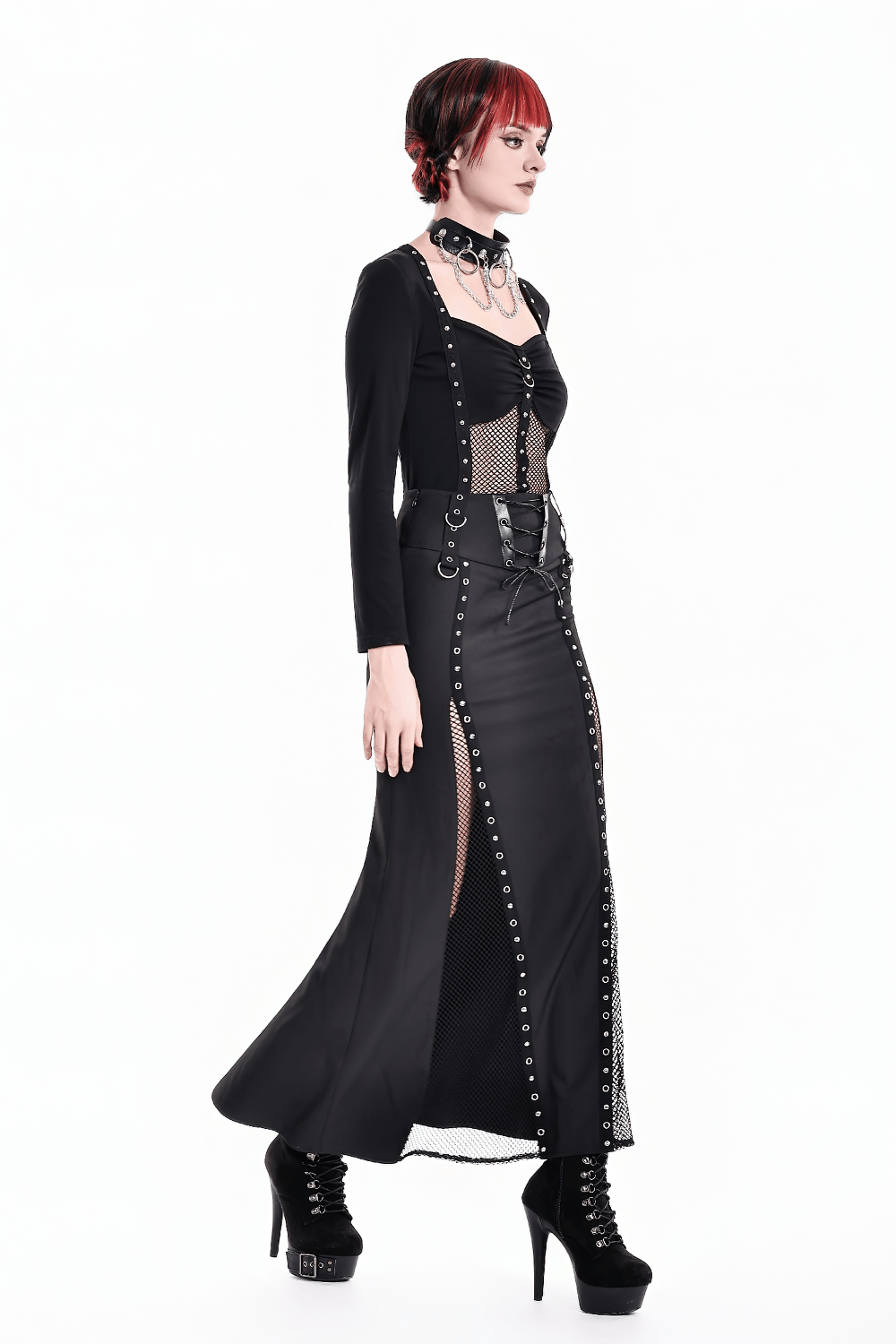 Gothic Black Lace Up Mermaid Maxi Skirt with Mesh