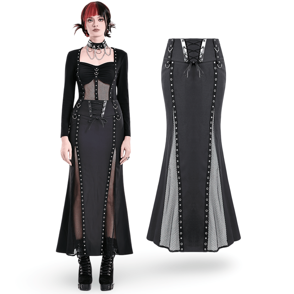 Gothic Black Lace Up Mermaid Maxi Skirt with Mesh