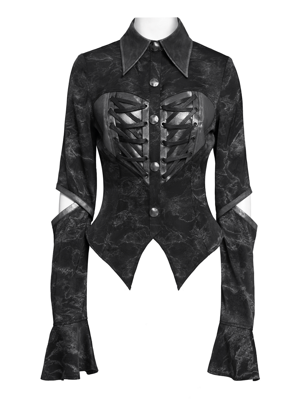 Gothic Black Lace-Up Shirt with Cut-Out Sleeves