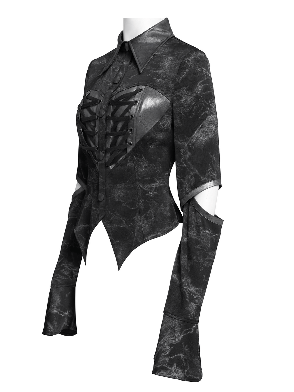 Gothic Black Lace-Up Shirt with Cut-Out Sleeves