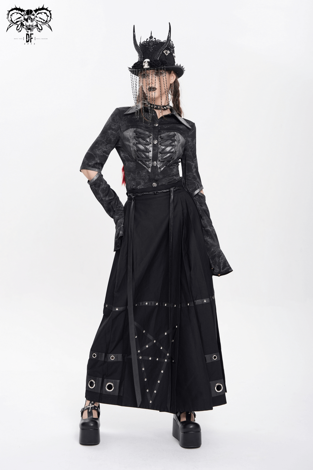 Gothic Black Lace-Up Shirt with Cut-Out Sleeves