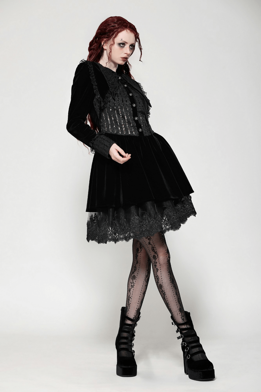 Gothic Black Lace Velvet Dress with Button Details