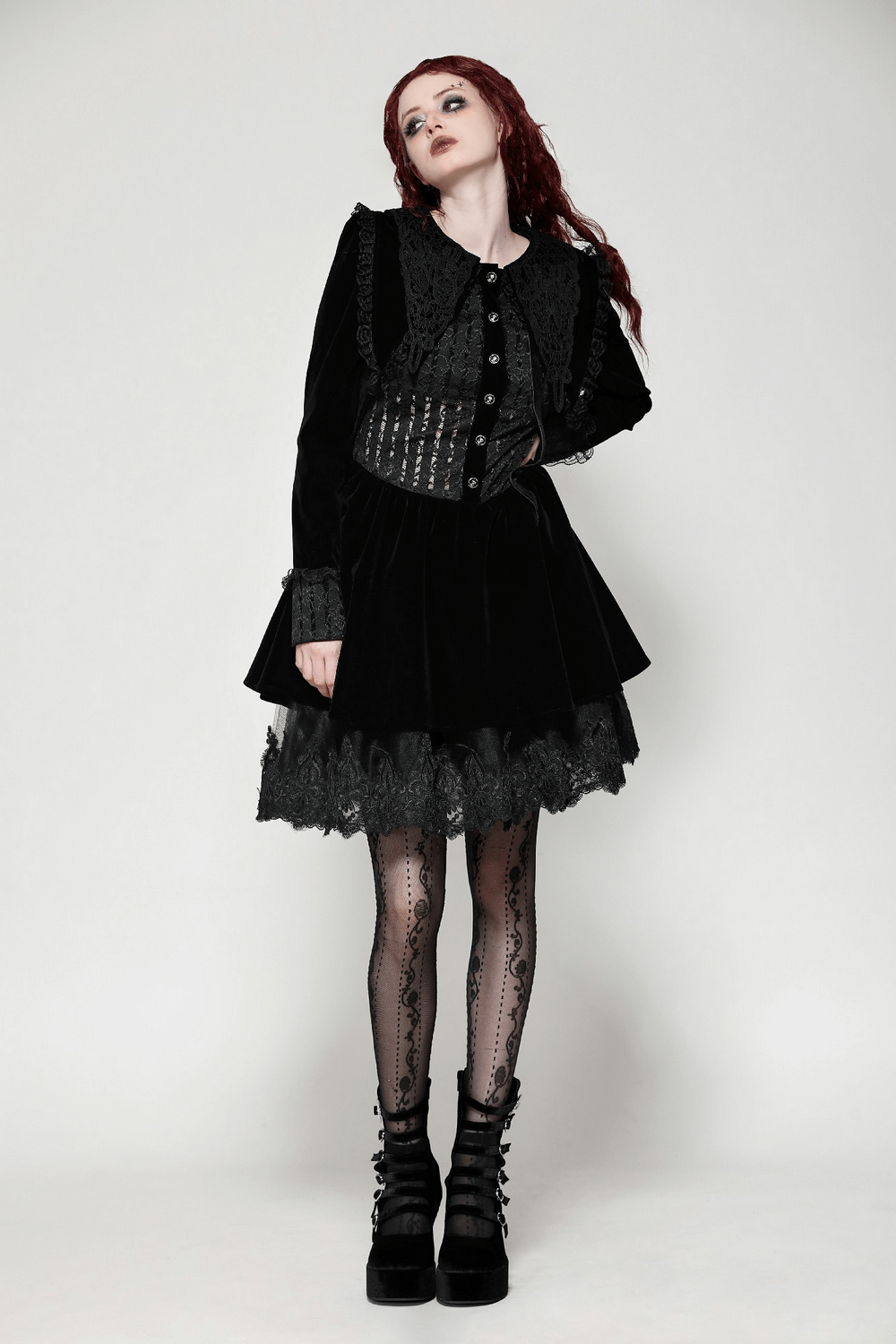 Gothic Black Lace Velvet Dress with Button Details