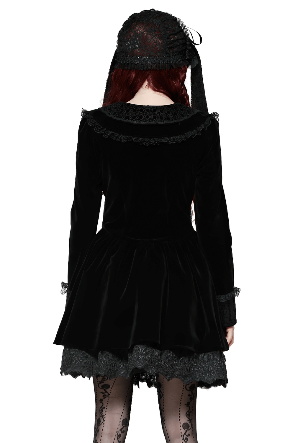 Gothic Black Lace Velvet Dress with Button Details