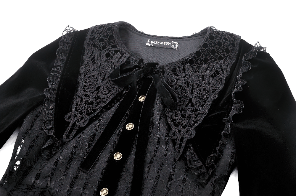 Gothic Black Lace Velvet Dress with Button Details