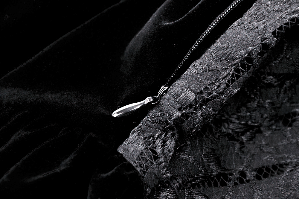 Gothic Black Lace Velvet Dress with Button Details