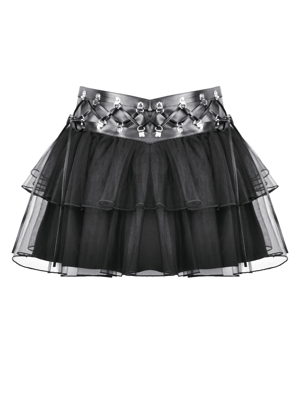 US SALE of Gothic Black Layered Tulle Mini Skirt with Harness Detail