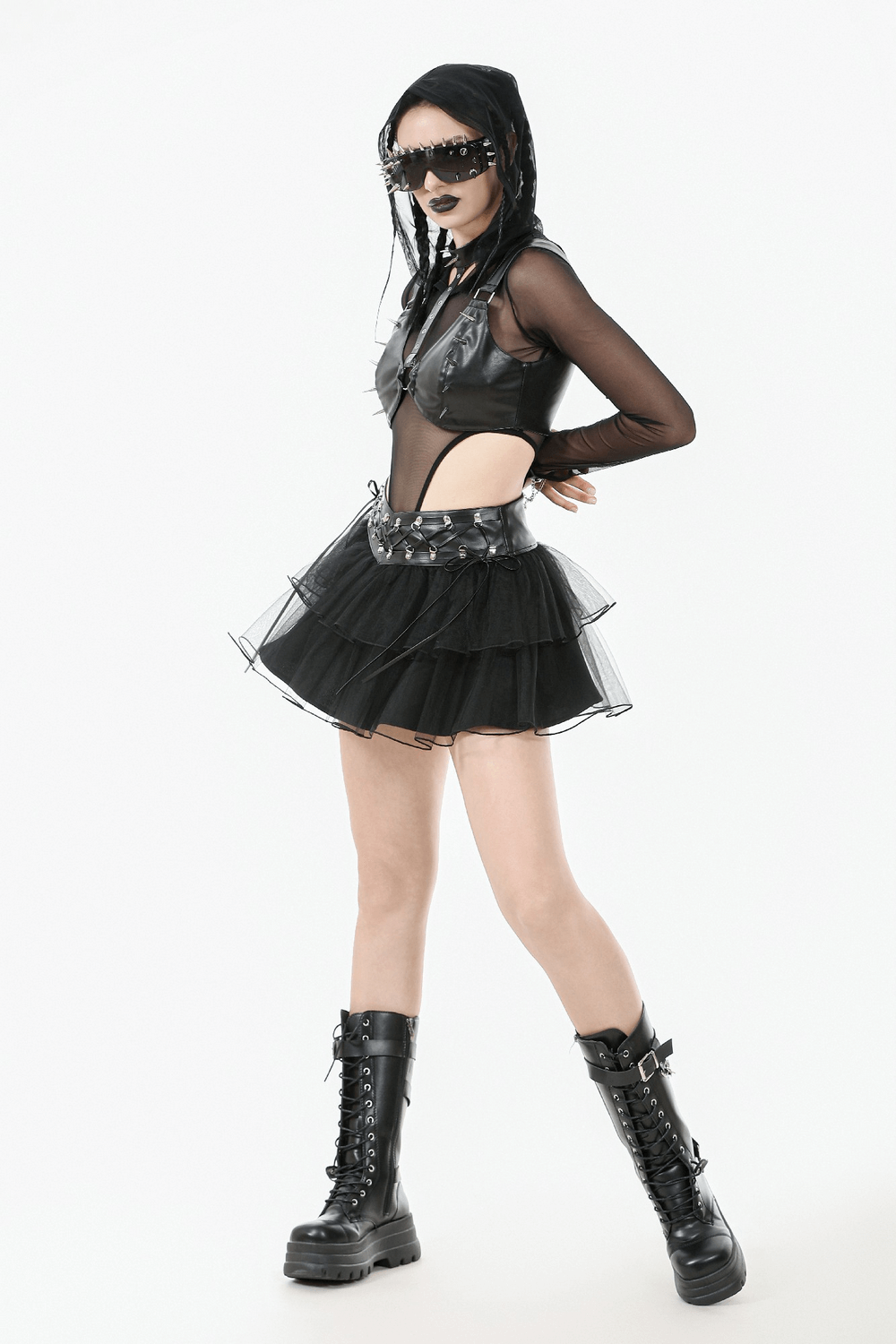 US SALE of Gothic Black Layered Tulle Mini Skirt with Harness Detail