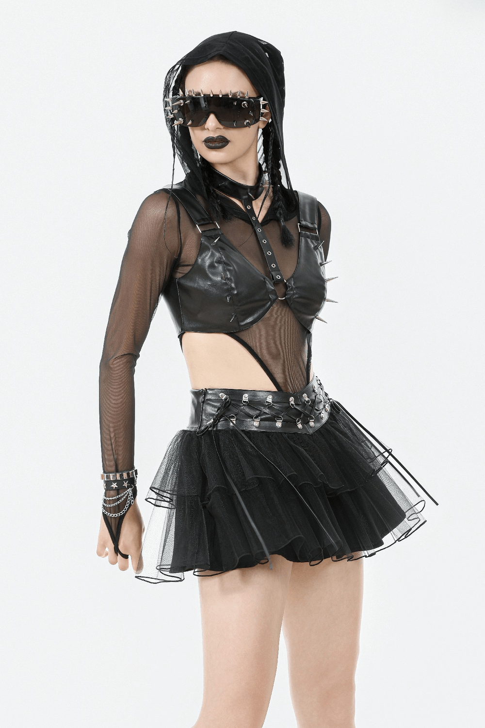 Gothic Black Layered Tulle Mini Skirt with Harness Detail