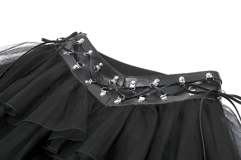 Gothic Black Layered Tulle Mini Skirt with Harness Detail
