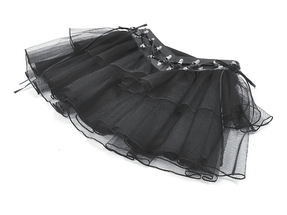 US SALE of Gothic Black Layered Tulle Mini Skirt with Harness Detail