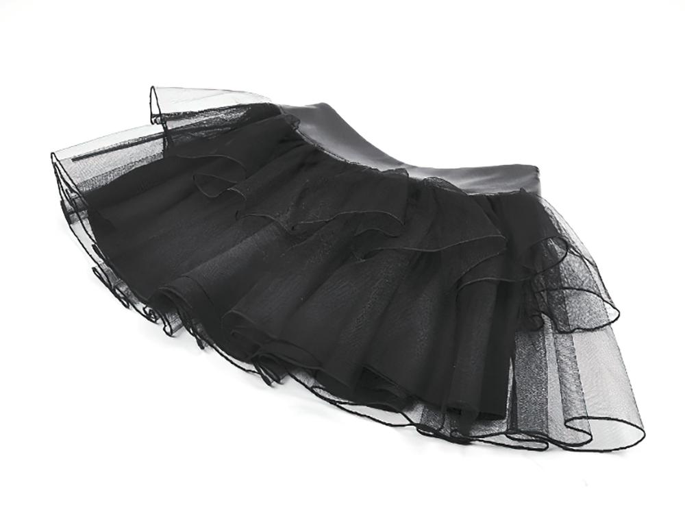 Gothic Black Layered Tulle Mini Skirt with Harness Detail