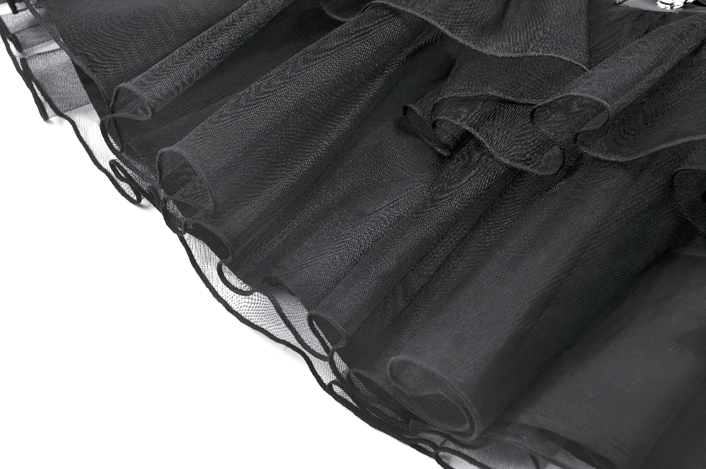 US SALE of Gothic Black Layered Tulle Mini Skirt with Harness Detail