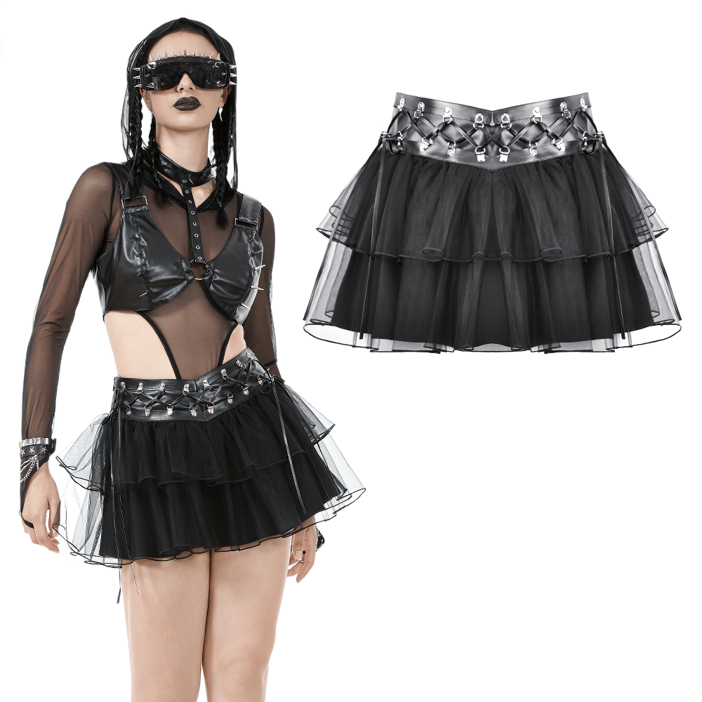US SALE of Gothic Black Layered Tulle Mini Skirt with Harness Detail