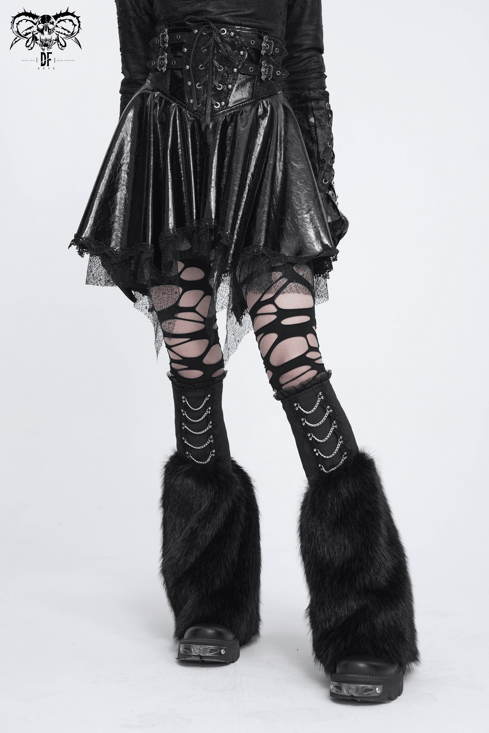 Gothic Black Leg Warmers with Chain Hardware Detail