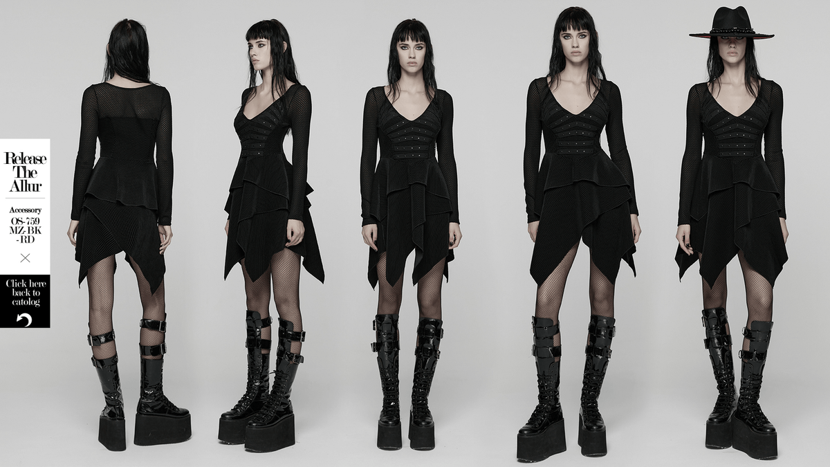Gothic Black Mesh Dress with Rivet Waist and Layered Hem