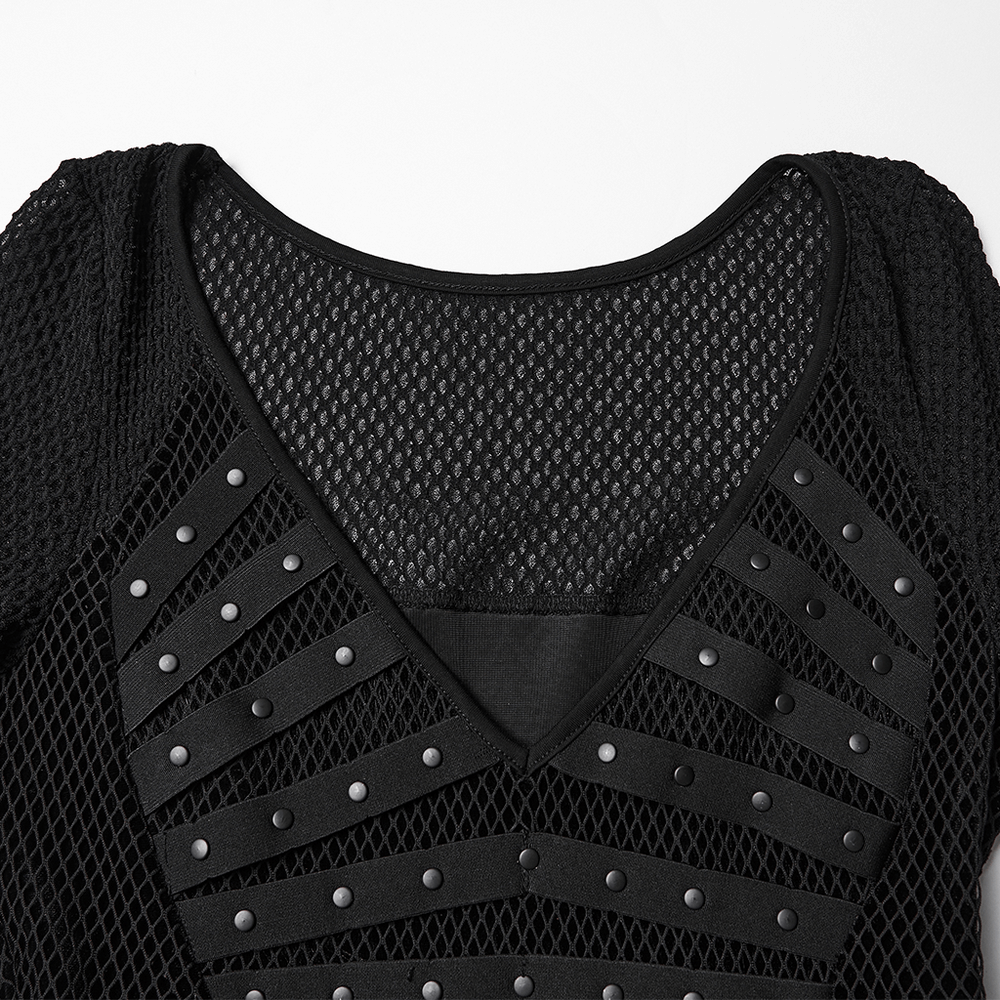 Gothic Black Mesh Dress with Rivet Waist and Layered Hem