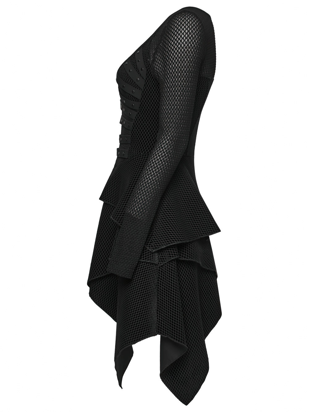 Gothic Black Mesh Dress with Rivet Waist and Layered Hem