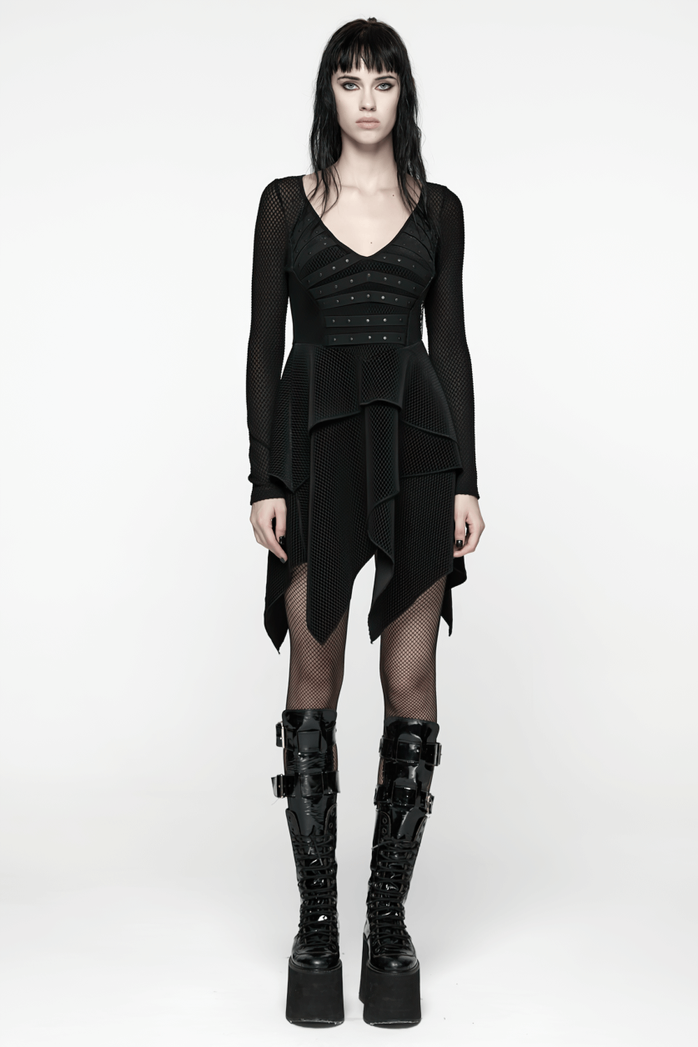 Gothic Black Mesh Dress with Rivet Waist and Layered Hem