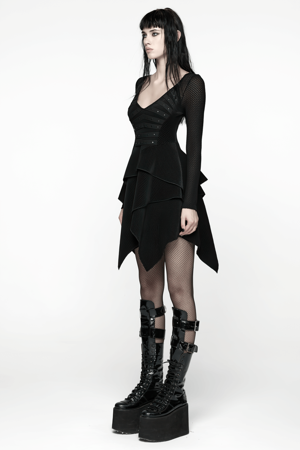 Gothic Black Mesh Dress with Rivet Waist and Layered Hem