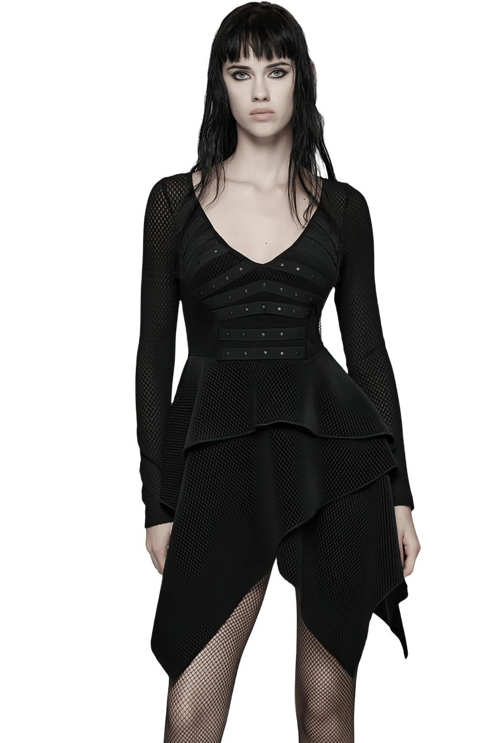 Gothic Black Mesh Dress with Rivet Waist and Layered Hem