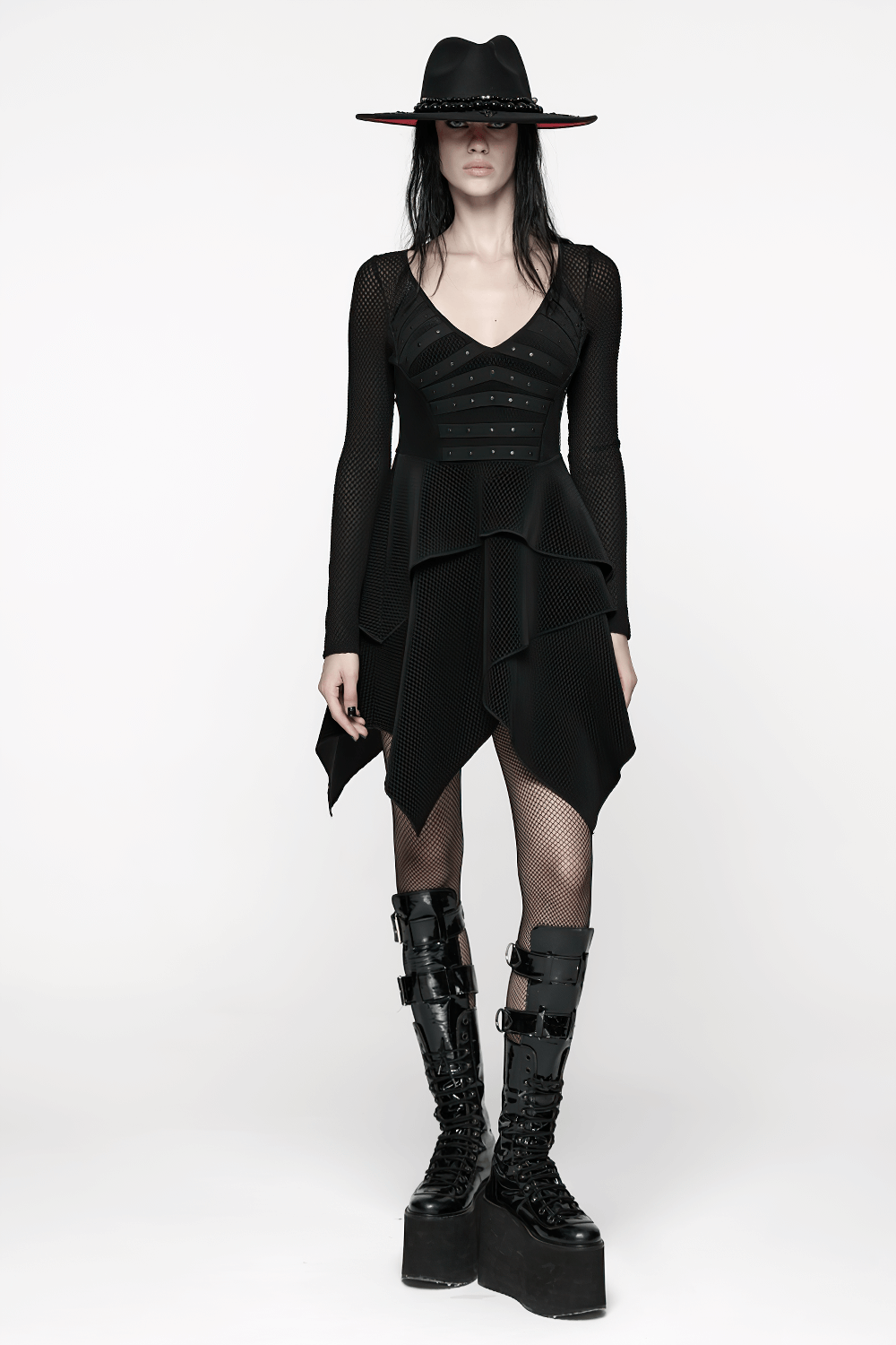 Gothic Black Mesh Dress with Rivet Waist and Layered Hem