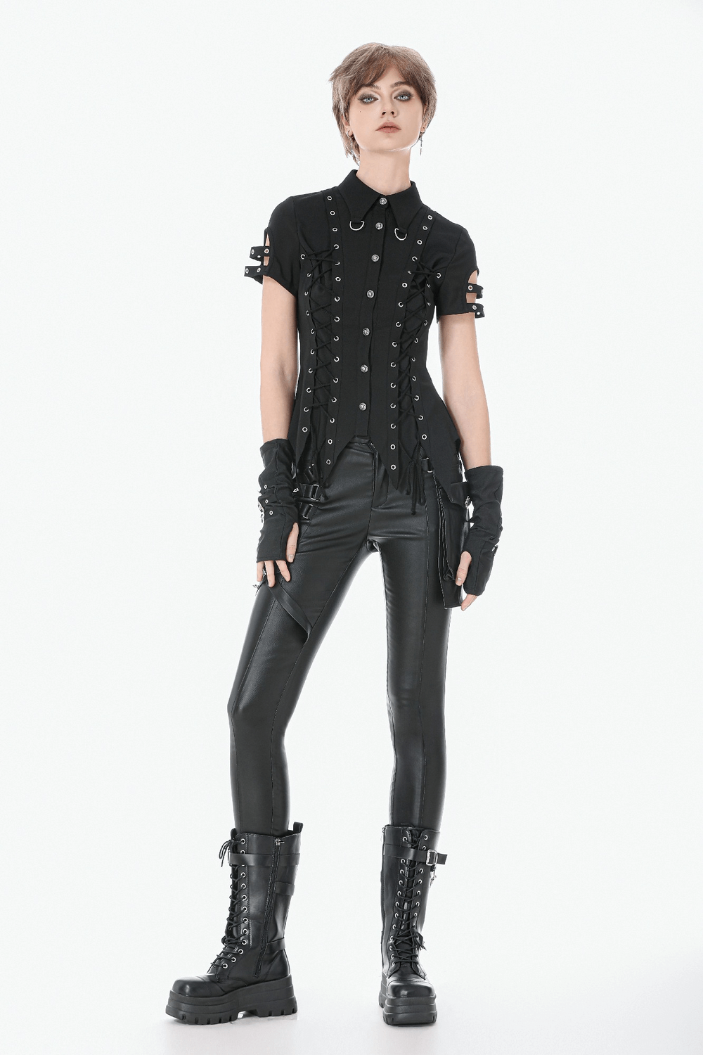 Gothic Black Pants with Buckle Detail and Side Pocket