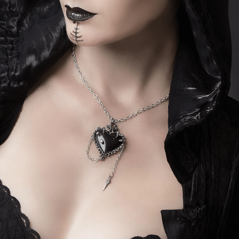 Gothic Black Pewter Voodoo Witches Heart Pendant