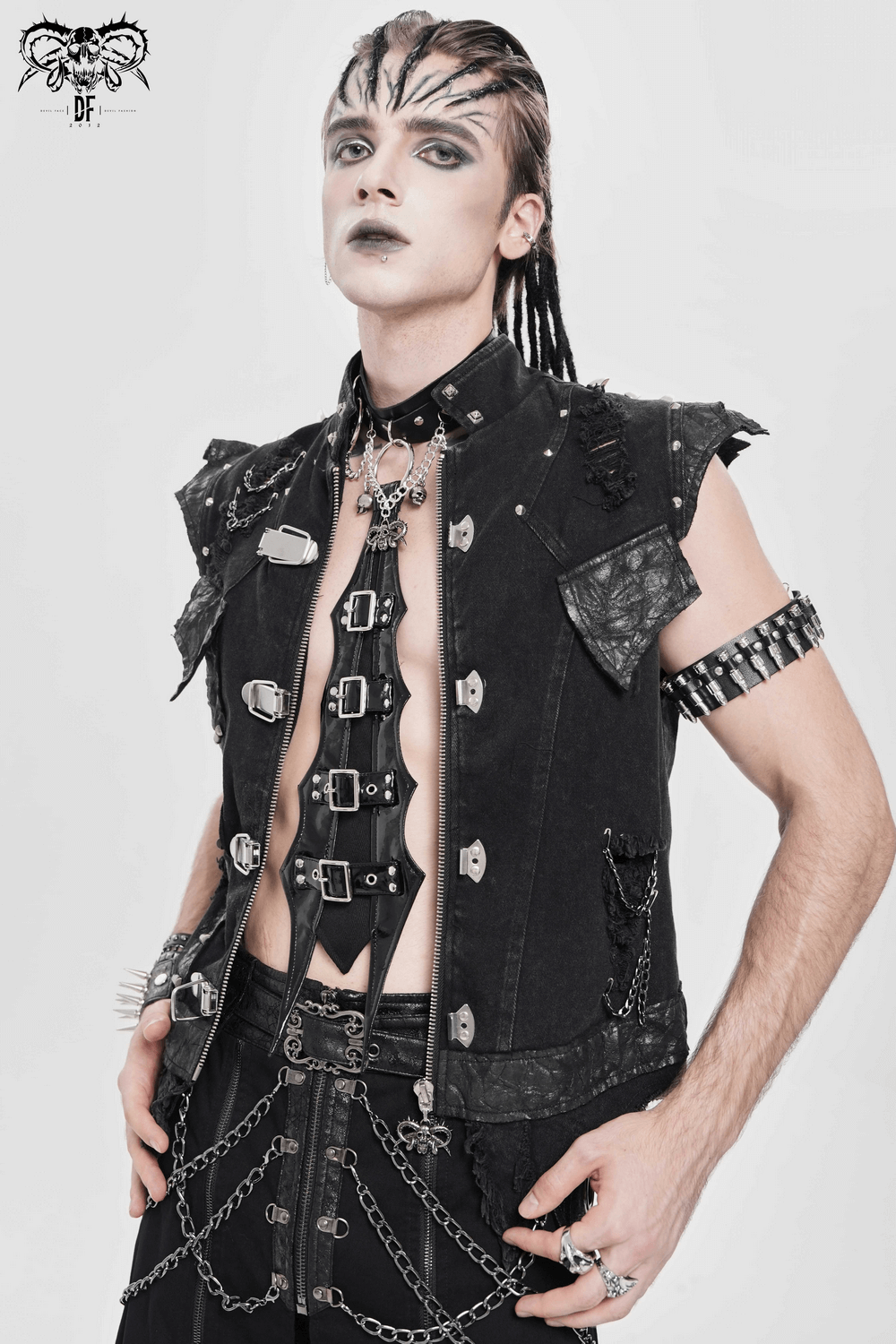 Gothic Black PU Choker with Chains and Buckle Accents