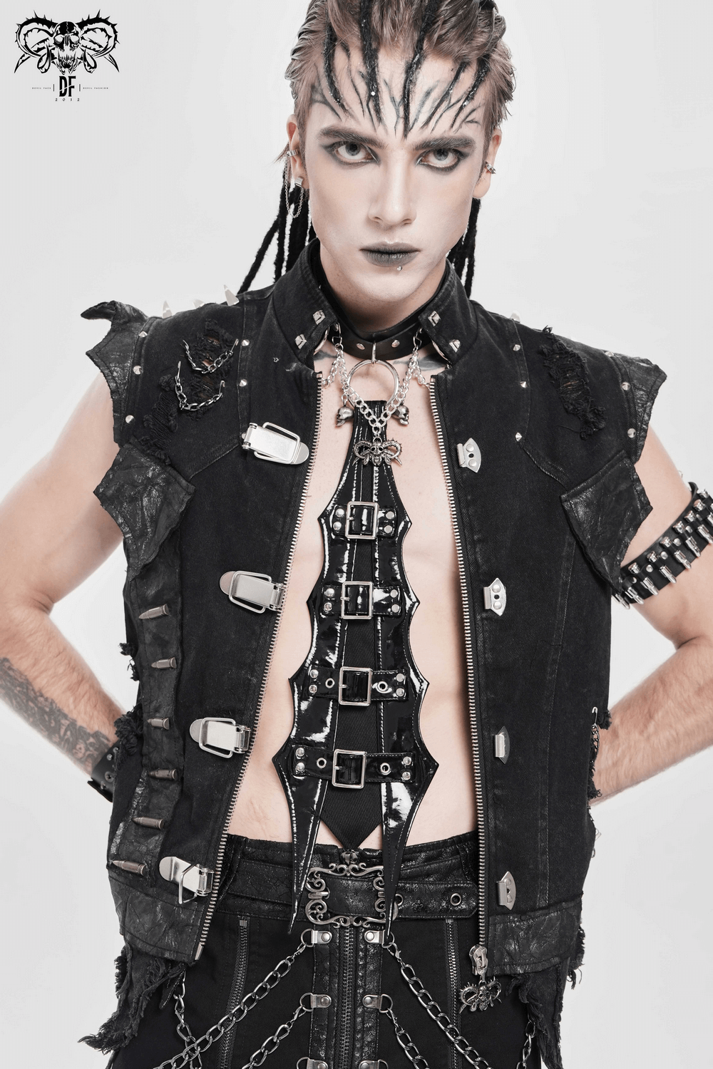 Gothic Black PU Choker with Chains and Buckle Accents